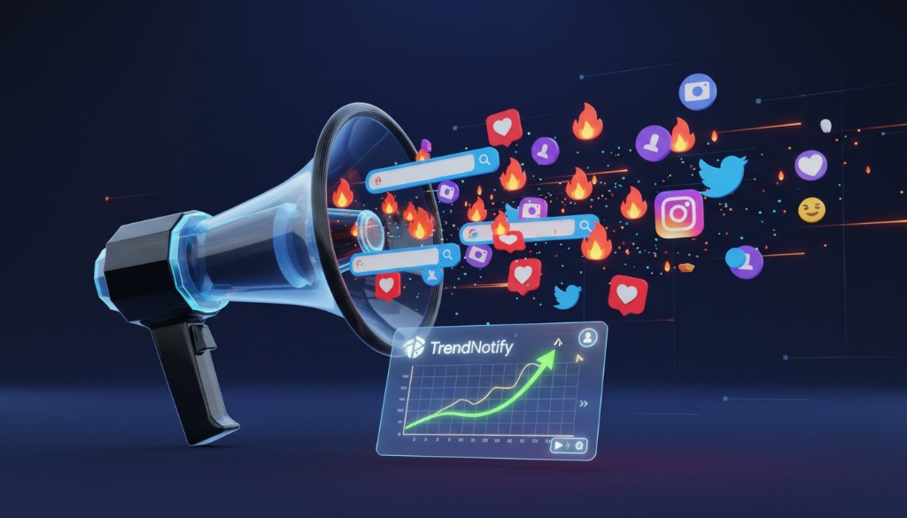 TrendNotify dashboard and viral marketing—megaphone, trending icons, and growth graph